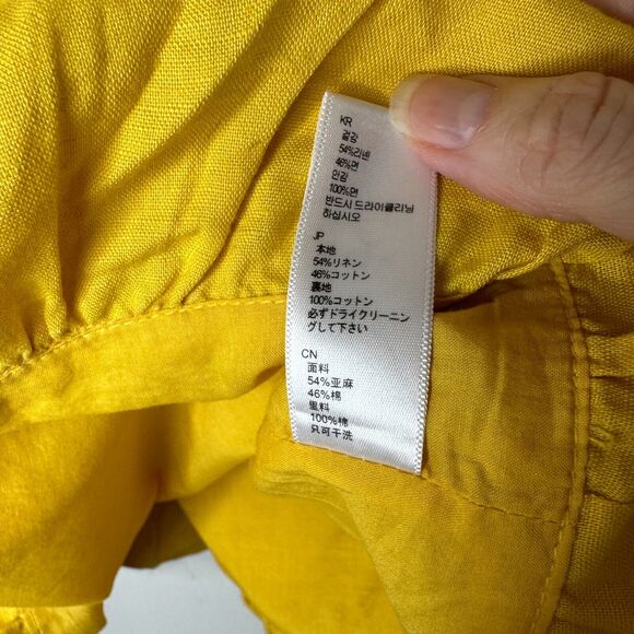 Yellow Linen Sleeveless Blouson Blouse Mini Dress Bead Bow Tie Front S - Picture 7 of 13